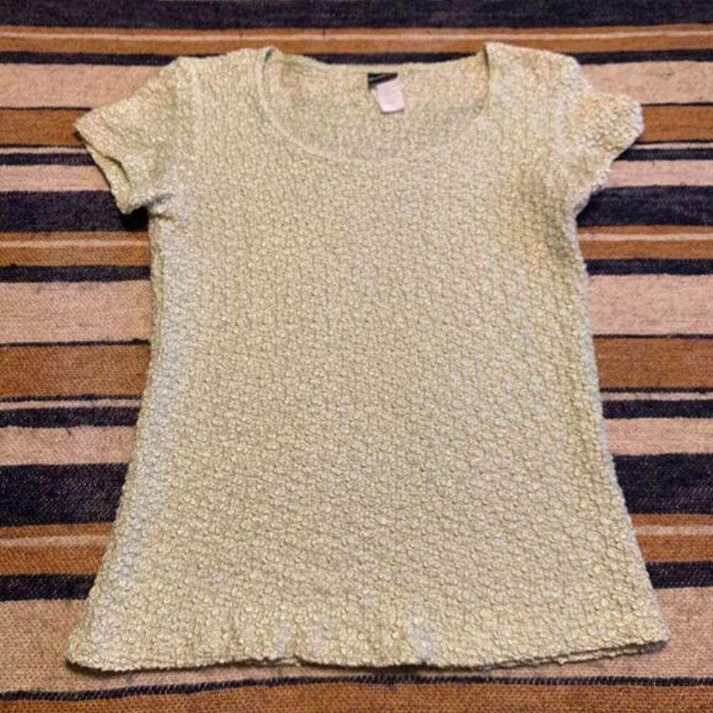Vintage Y2K 90s Top Blouse Short Sleeve Crinkly Stretchy Light Green Pastel Med